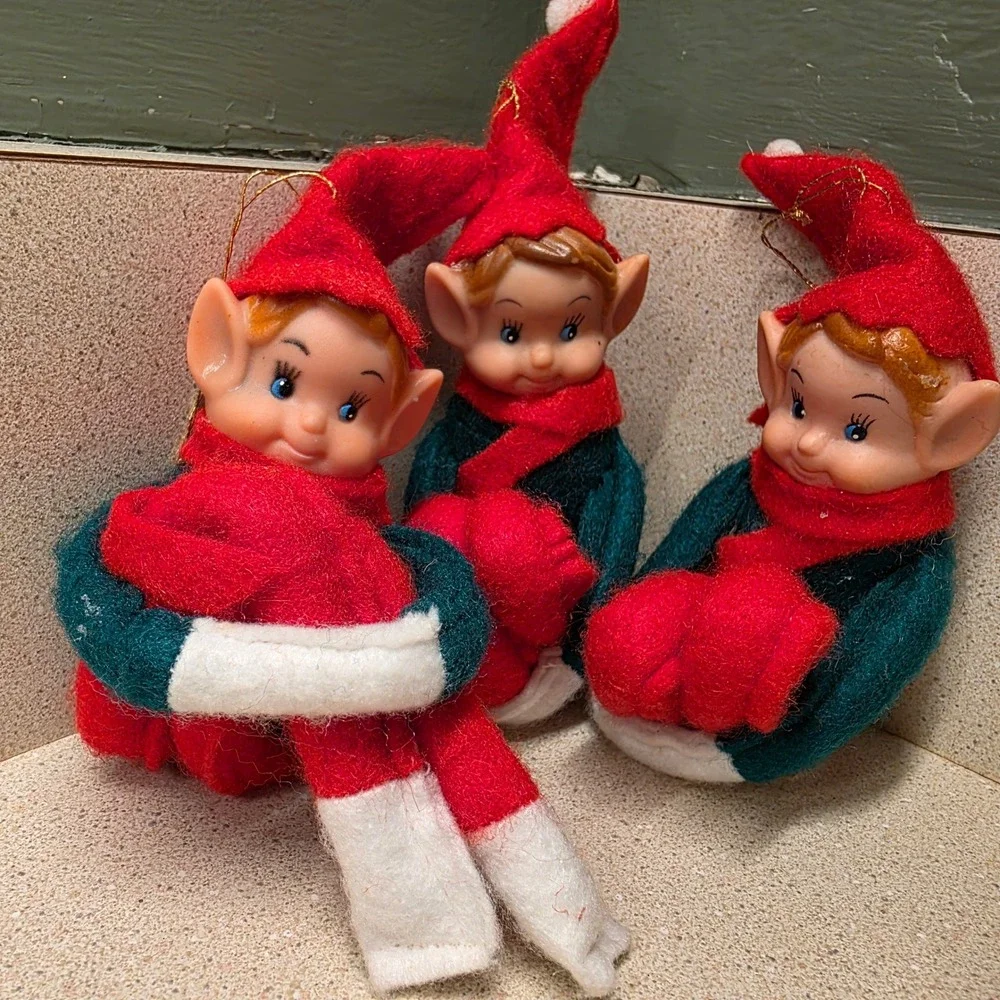 Vintage Knee Hugger Elf Christmas Ornaments Set of 3 Red Green 10 inch Retro